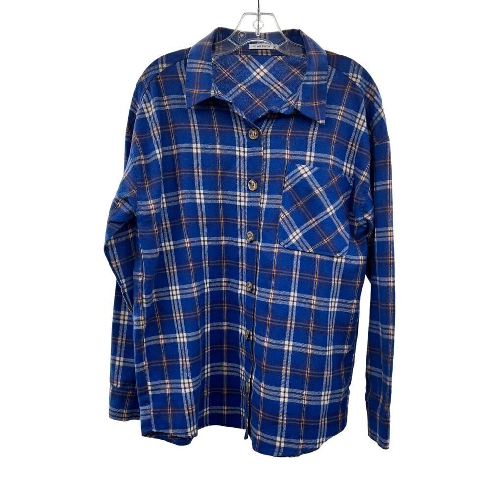 Staccato Women's Plaid Button Up Top Blue/Multi Size Small Long Sleeve